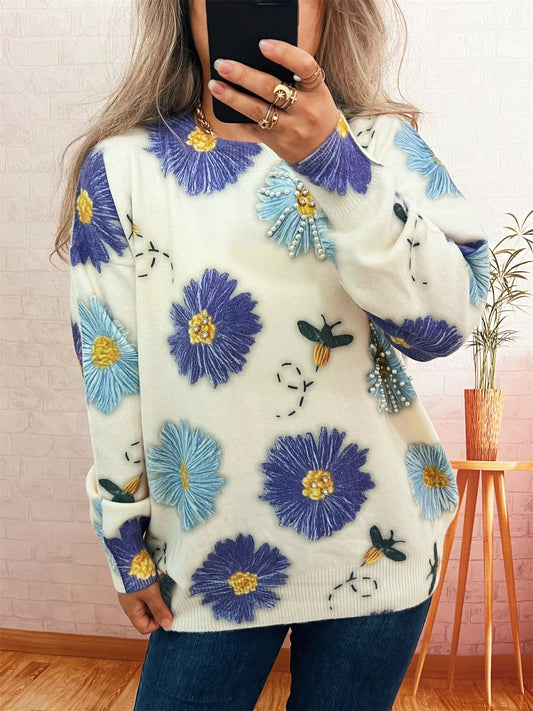 Women's Pearl Detail Flower Round Neck Sweater — women's knit sweater Australia