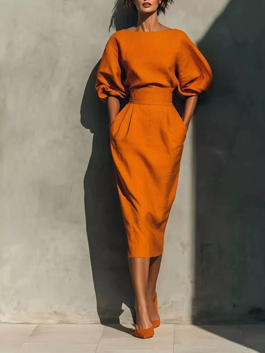 Full Size Round Neck Puff Sleeve Midi Dress Plus Size — women's cocktail dress Australia