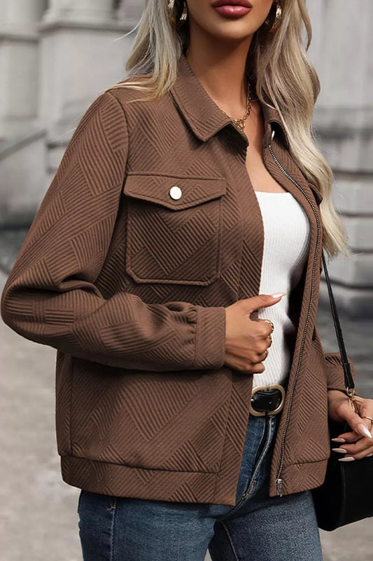 Solid Color Zip Up Button Flap Pocket Jackets — women's jacket Australia