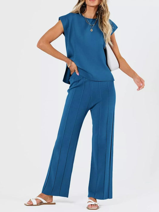 Women's Casual Solid Color Cap Sleeve Top and Pants Knit Set — women's knitwear Australia