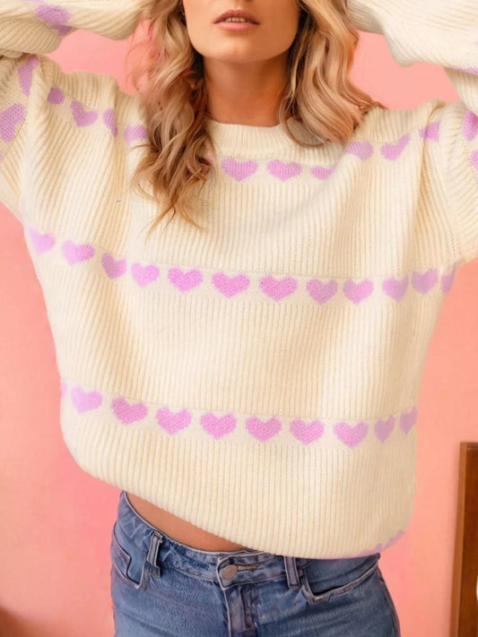 Women's Heart Pattern Valentine Ribbed Knit Sweater — women's knitwear Australia