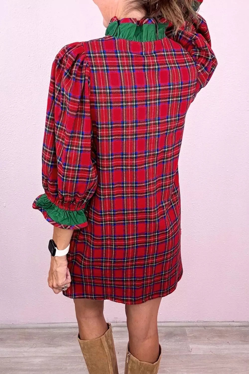 Women's Plaid Ruffle Cuff Button Front Pocket Mini Dress — Chic and Unique AU