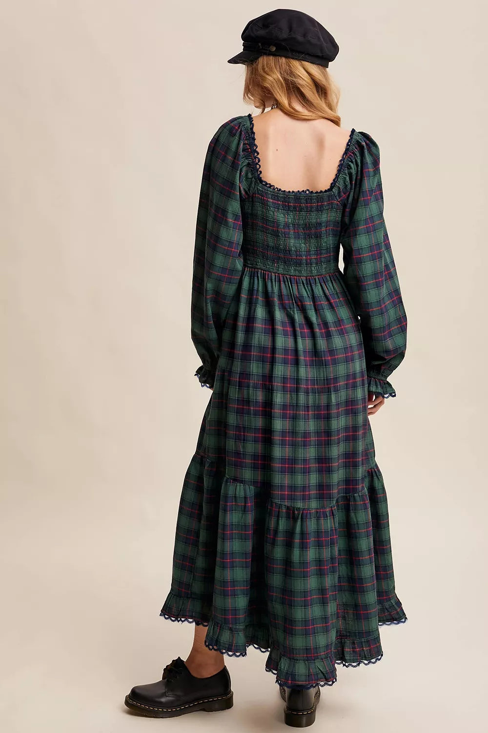 Women's Plaid Long Sleeve Tiered Midi Dress — Chic and Unique AU