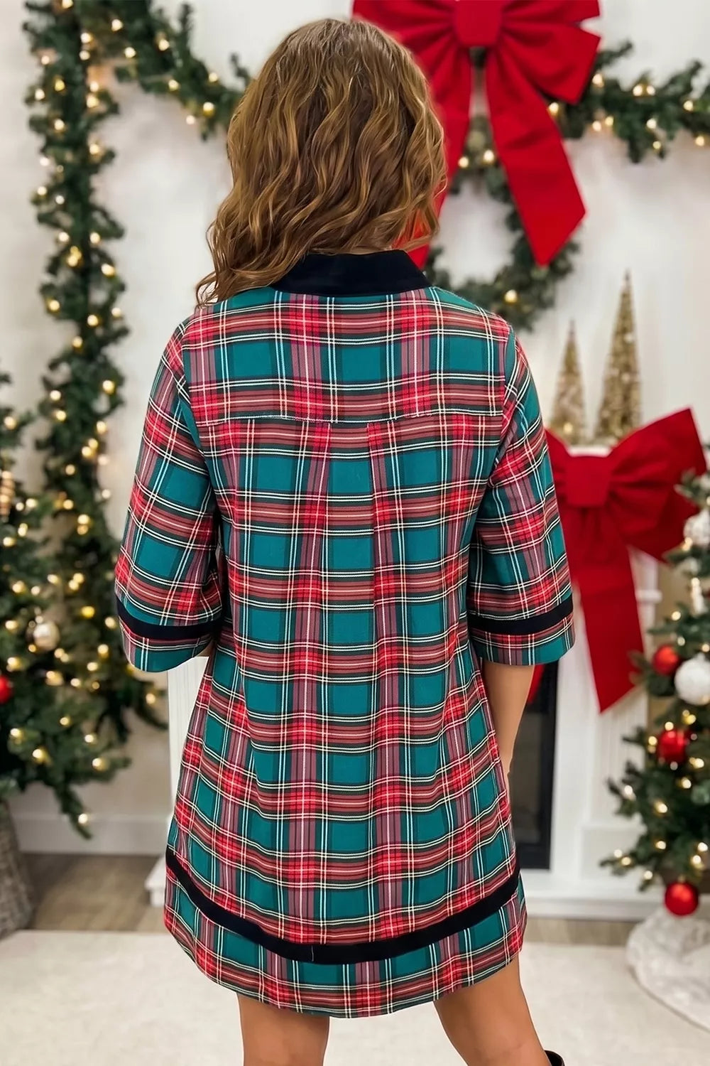 Women's Plaid Velvet Trim Short Shift Dress with Pockets — Chic and Unique AU
