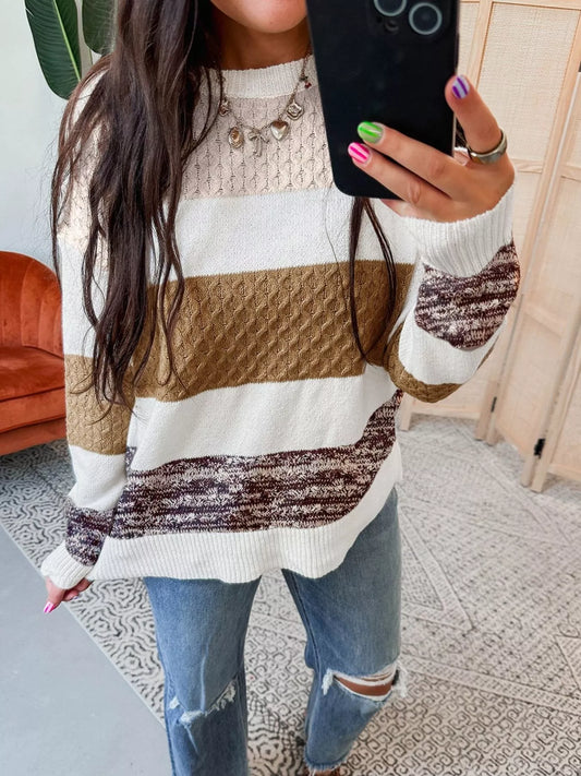 Women's Mixed Texture Knit Striped Color Block Loose Sweater — women's knit sweater Australia