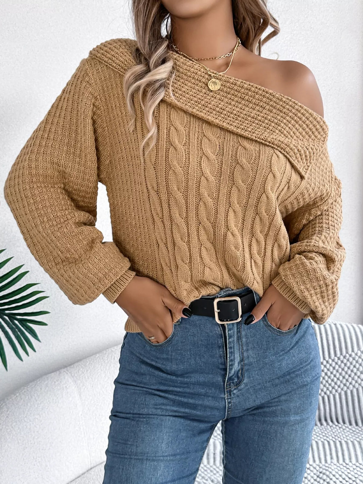 Women's Off-Shoulder Cable Knit Sweater — women's knit sweater Australia
