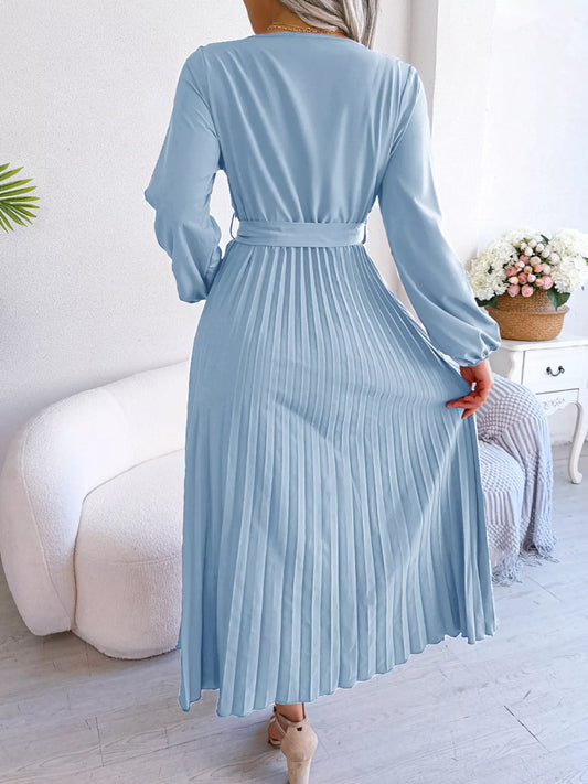 Elegant Pleated Front Tie Long Sleeve Dress — women's casual dress Australia