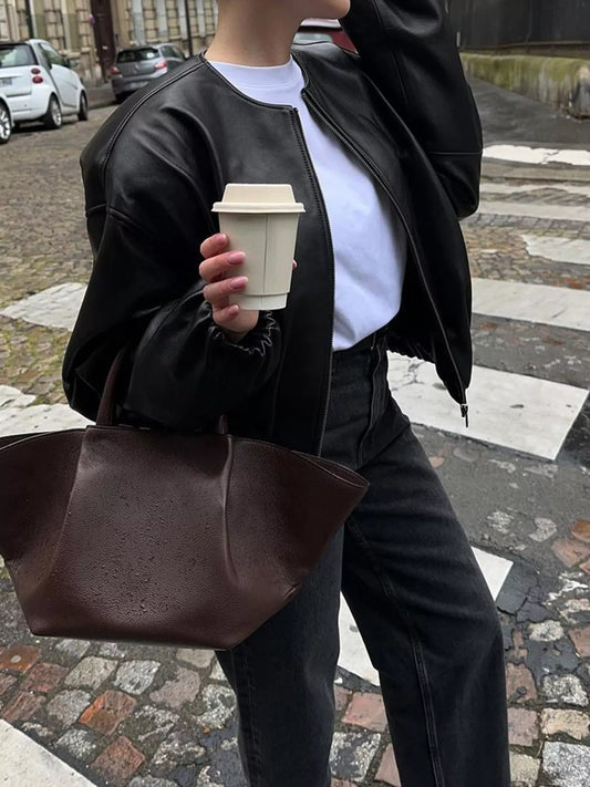 Zip Up Leather Bomber Jacket — women's jacket Australia