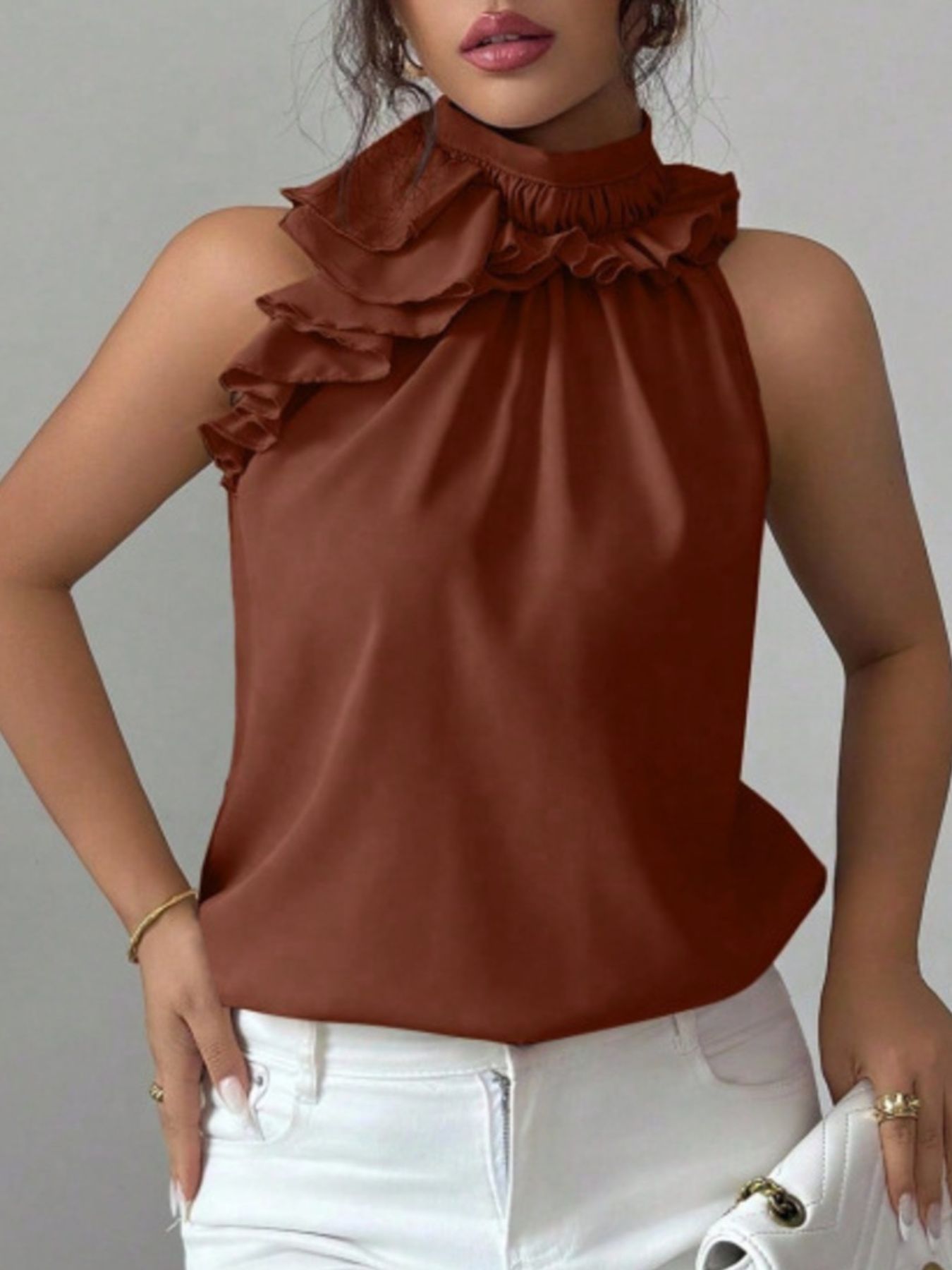 Ruffle High Neck Sleeveless Top — women's top Australia