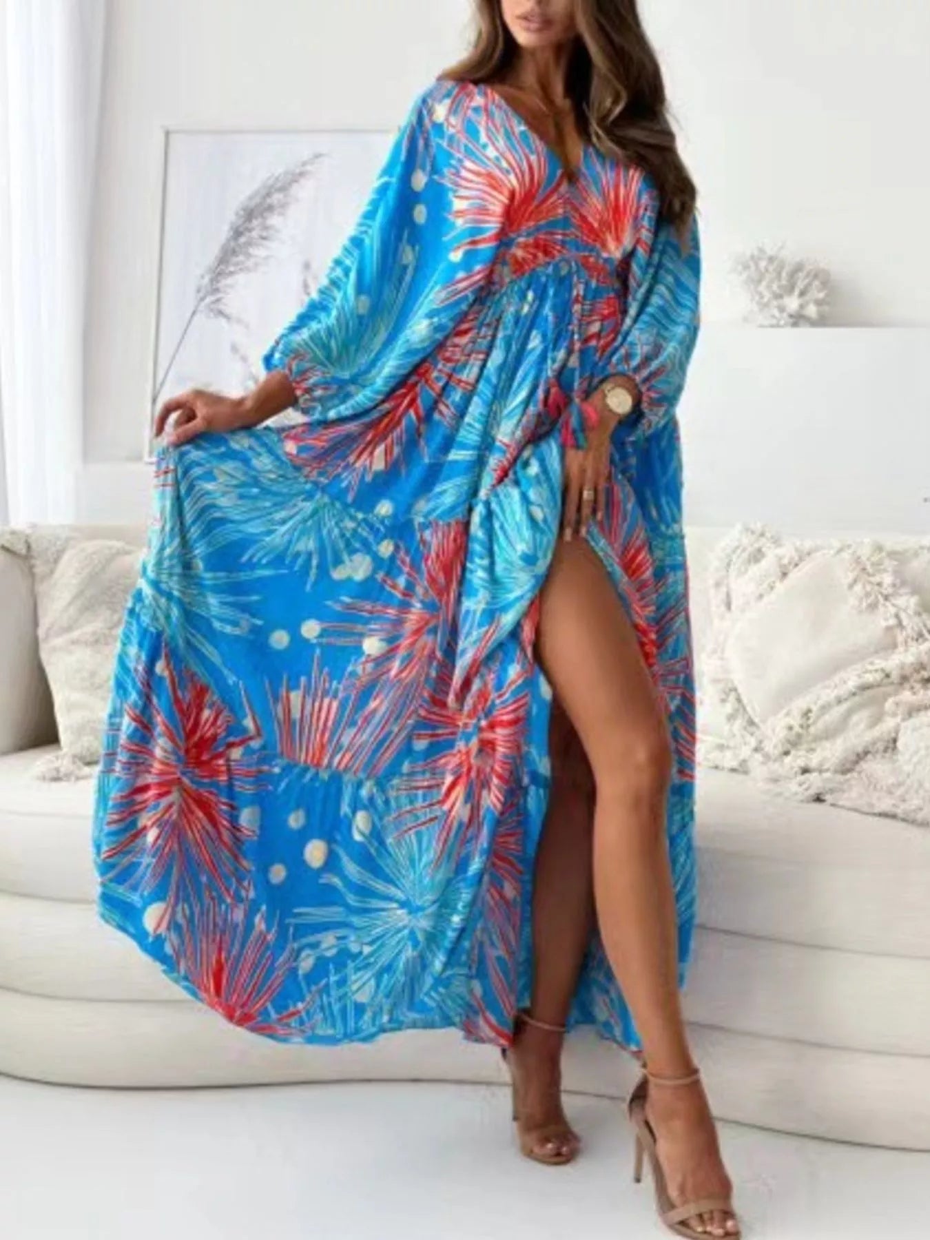 Women's Printed V-Neck Balloon Sleeve Slit Maxi Dress — Chic and Unique AU