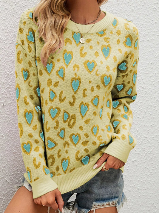 Women's Heart Round Neck Long Sleeve Sweater — women's knitwear Australia