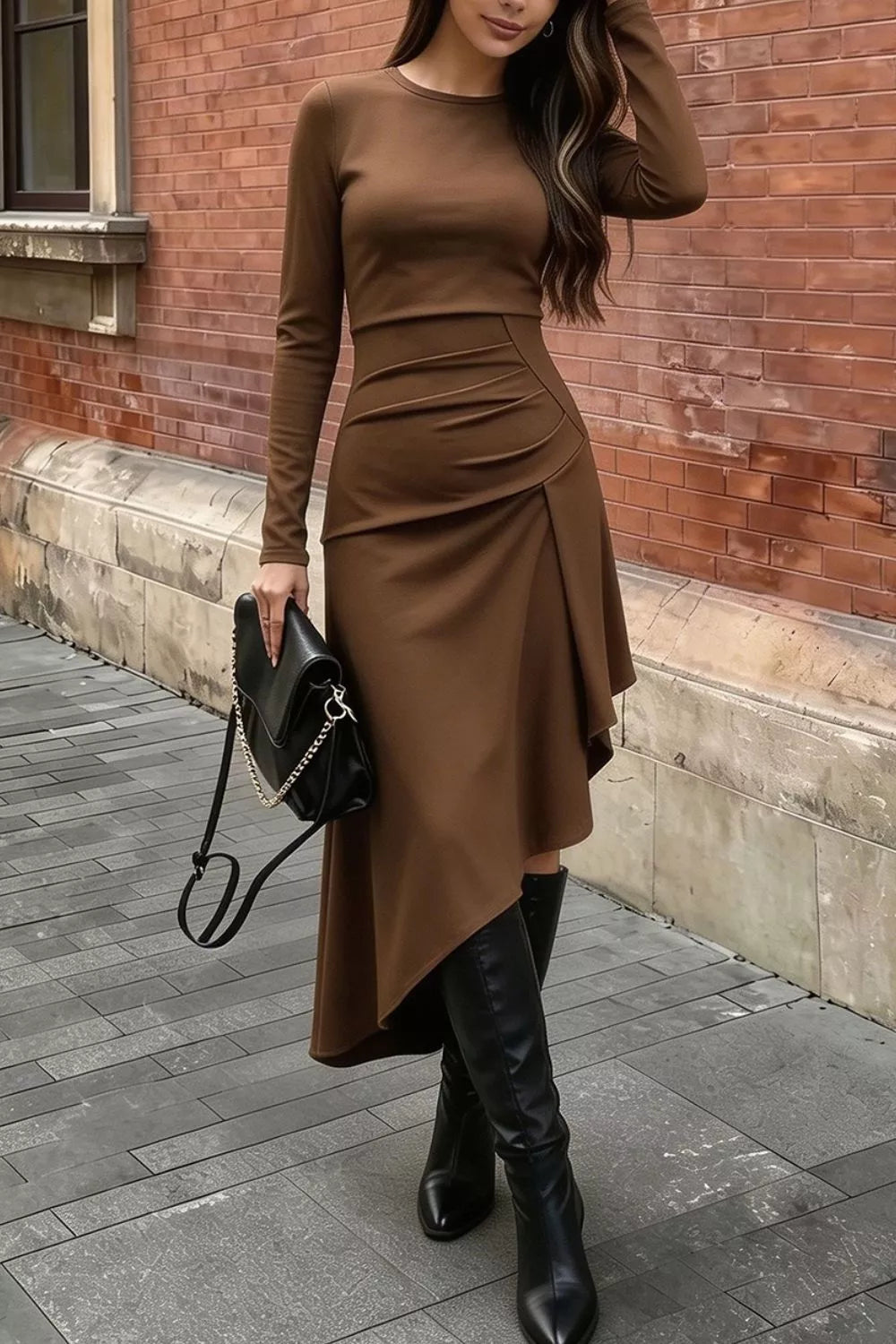 Women's Ruched Asymmetrical Hem Long Sleeve Dress — Chic and Unique AU