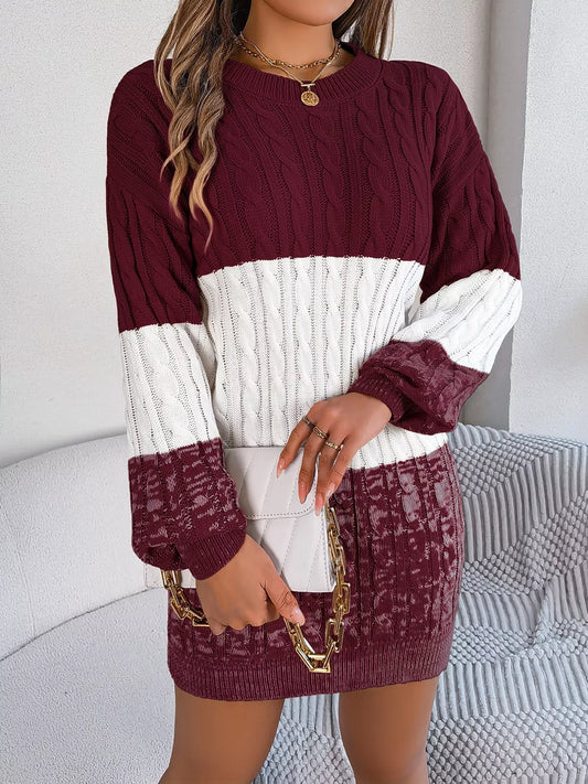 Women's Color Block Cable Knit Sweater Dress with Textured Pattern — women's knit sweater dress Australia