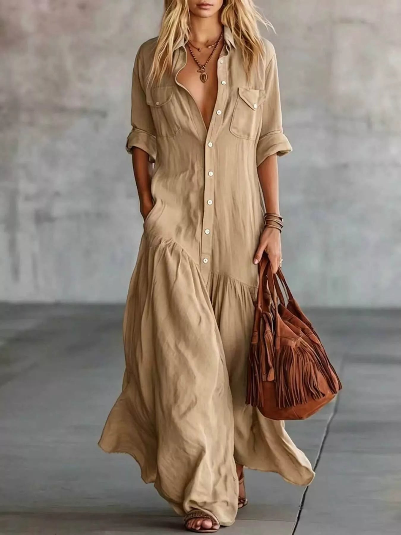 Women's Full Size Button Front Roll-Up Sleeve Maxi Dress Plus Size — Chic and Unique AU