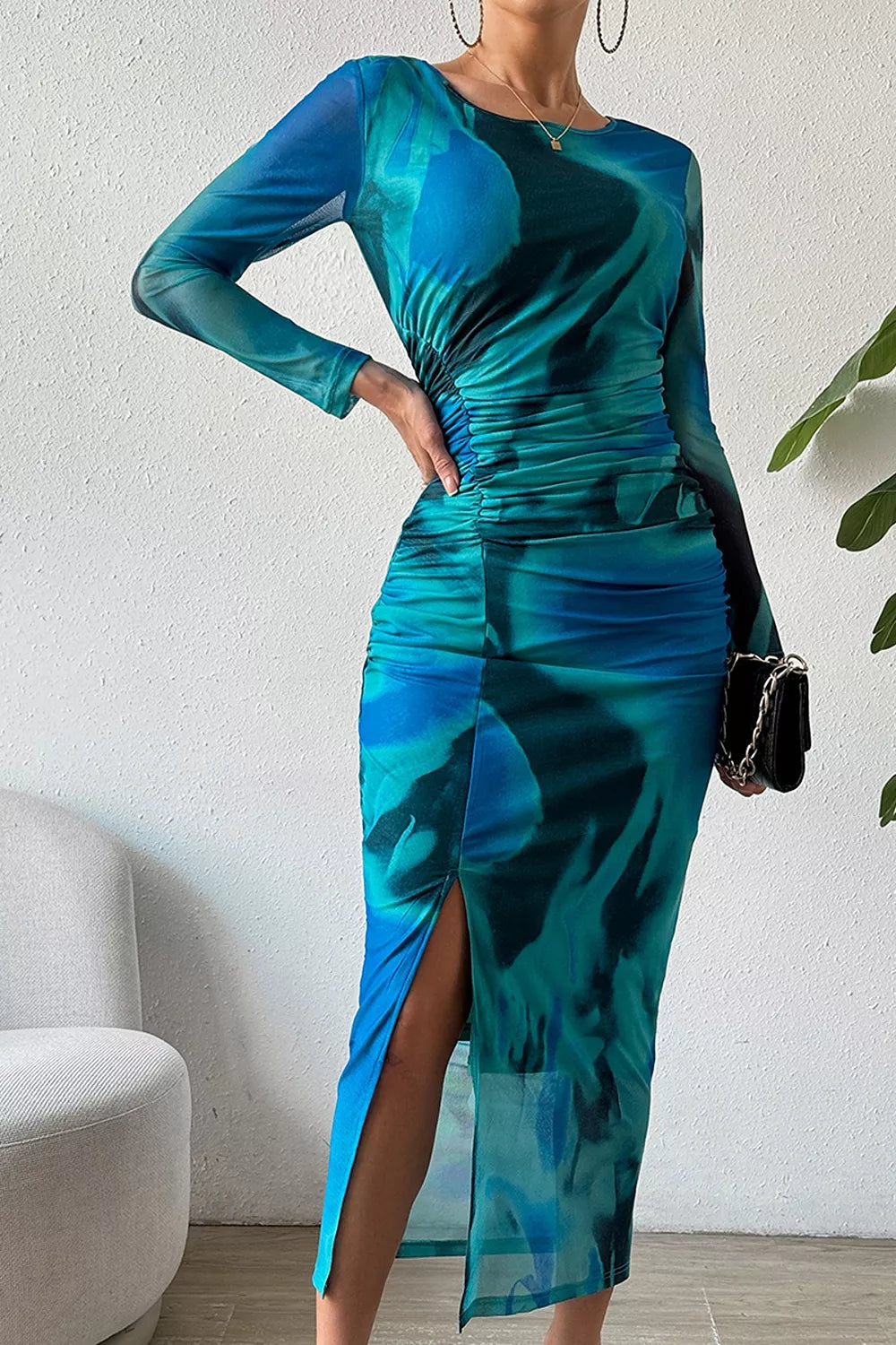 Women's Ruched Tie-Dye Midi Dress with High Slit — Chic and Unique AU