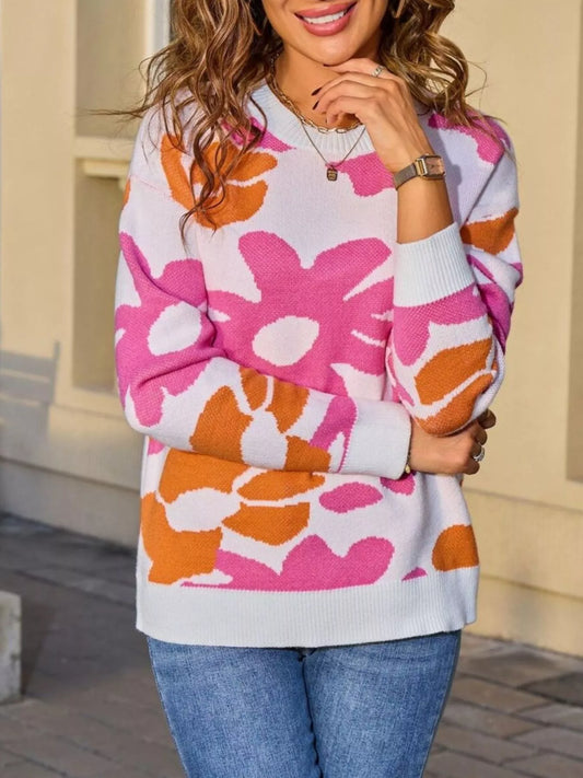 Women's Floral Crew Neck Long Sleeve Sweater — women's knitwear Australia