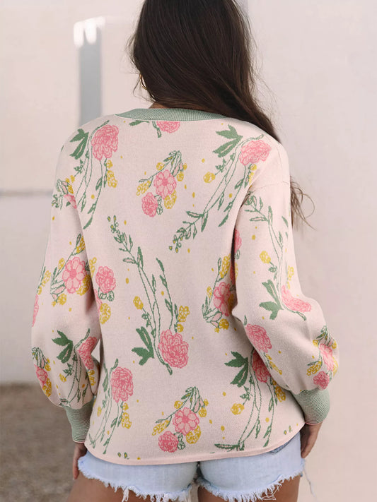 Women's Floral Pattern Striped V Neck Loose Sweater — women's knit sweater Australia