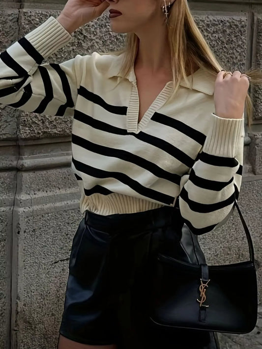 Women's Striped Polo Collar Knit Sweater — women's knitwear Australia