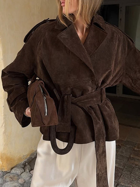 Lapel Collar Tie Waist Outerwear — women's outerwear Australia
