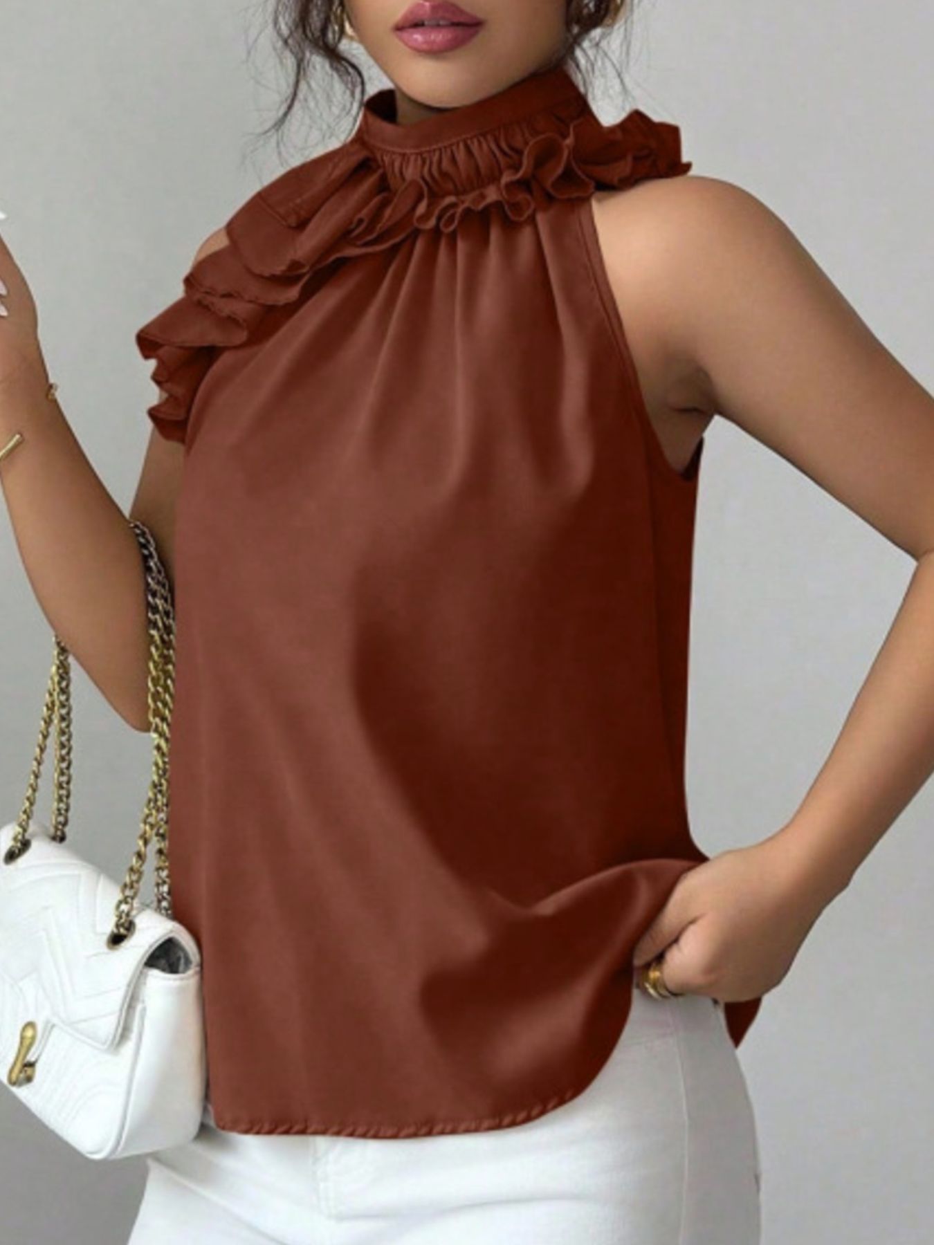 Ruffle High Neck Sleeveless Top — women's top Australia