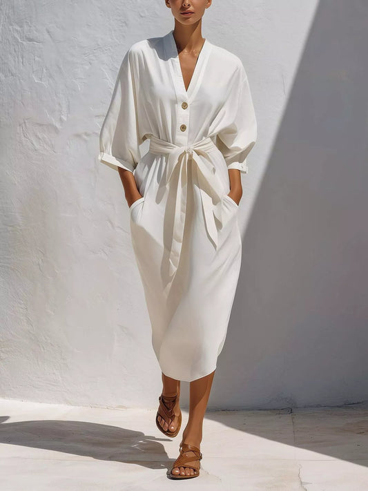Full Size Tie Waist V-Neck Midi Dress Plus Size — women's midi dress Australia
