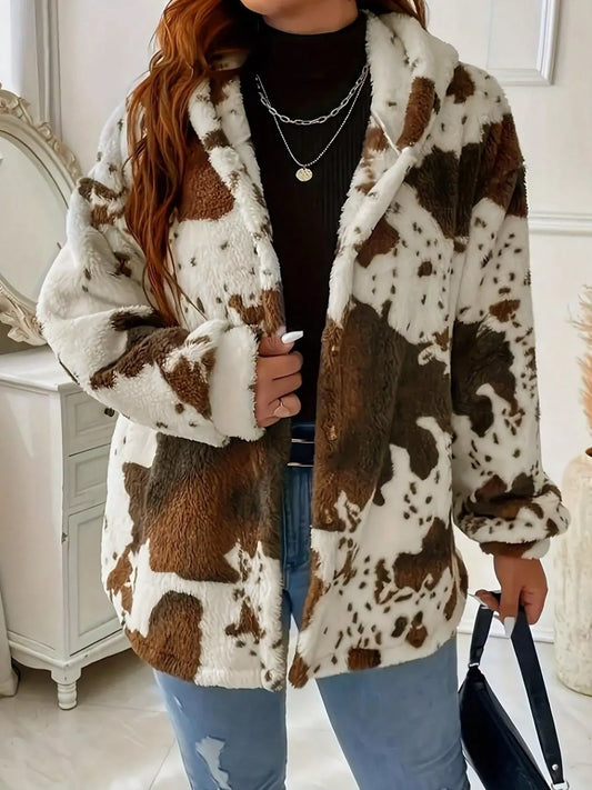 Cow Print Plush Hooded Outerwear — women's outerwear Australia