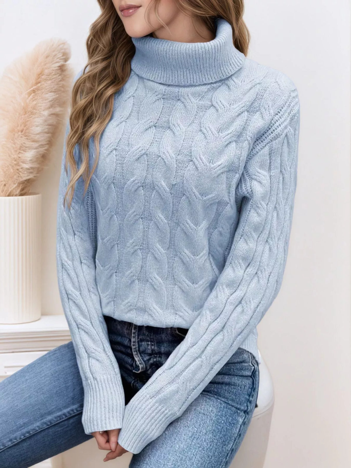 Women's Cable Knit Turtleneck Long Sleeve Sweater — women's knit sweater Australia