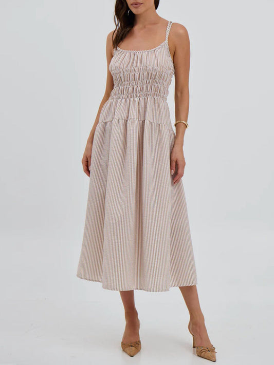 Striped Smocked Bodice Midi Dress — women's casual dress Australia