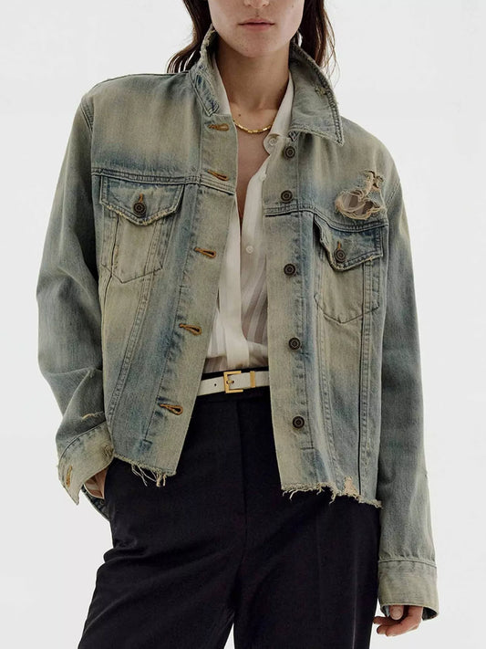 Distressed Wash Button Up Denim Jacket — women's jacket Australia