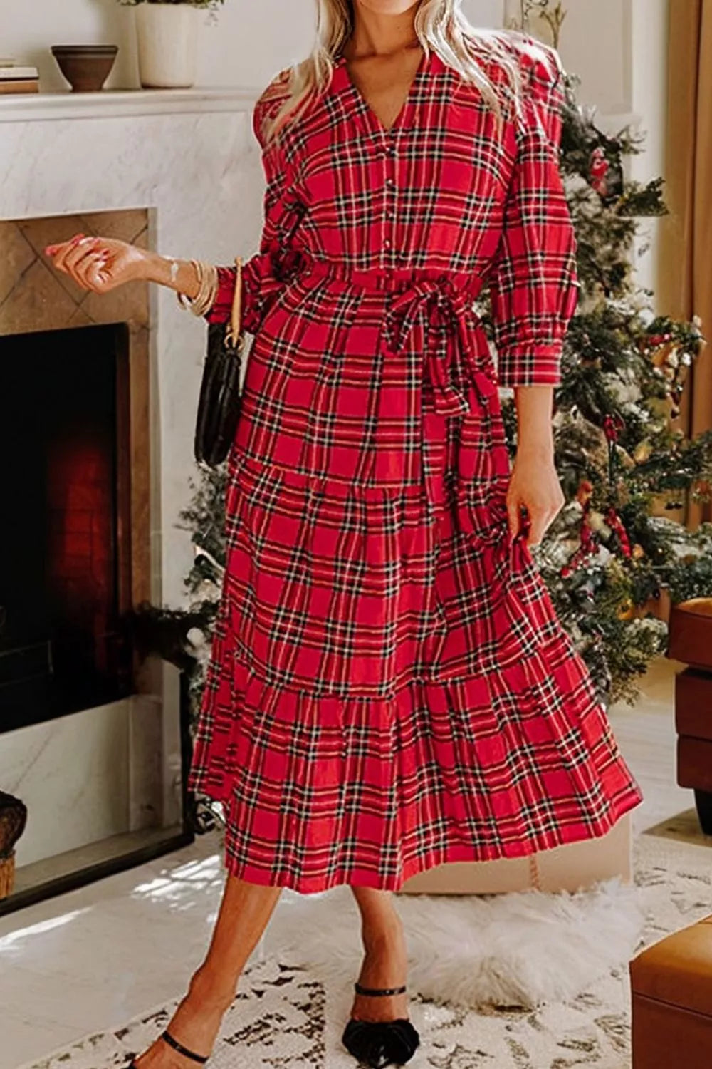 Women's Christmas Plaid V-Neck Midi Dress — Chic and Unique AU