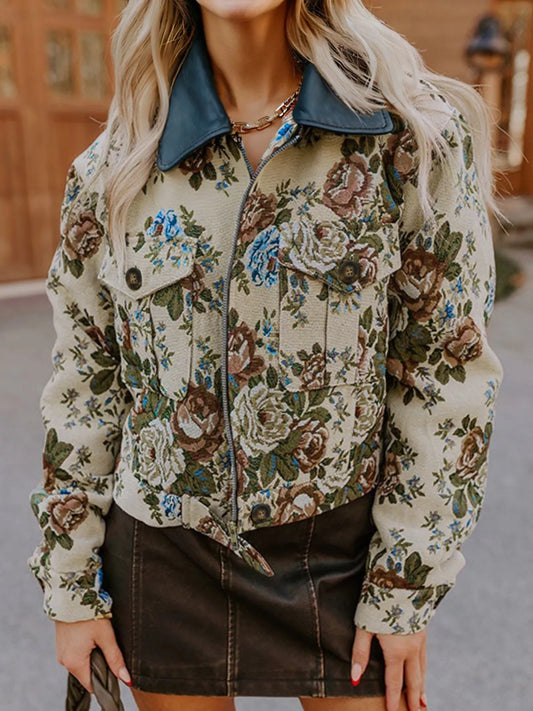 Floral Print Zip Up Contrast Collared Jacket — women's jacket Australia