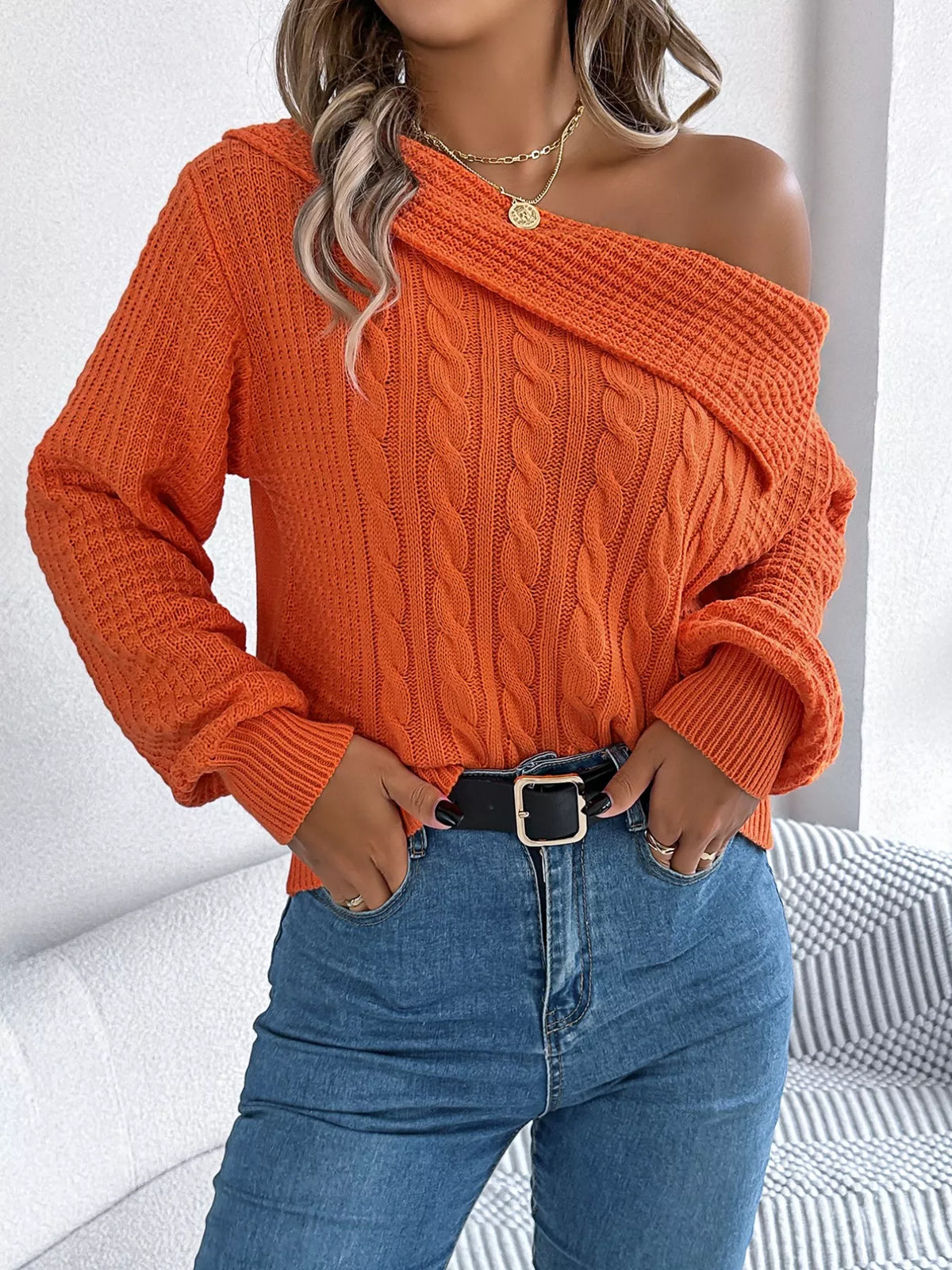Women's Off-Shoulder Cable Knit Sweater — women's knit sweater Australia