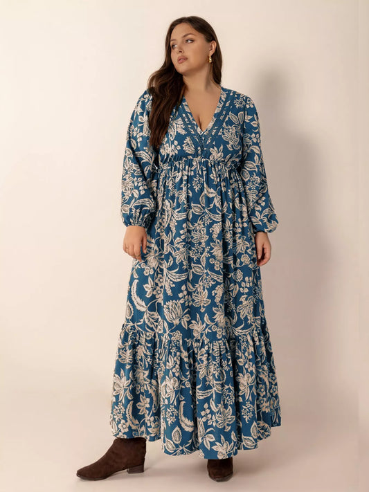 Plus Size Boho Floral Print Long Sleeve Maxi Dress — women's maxi dress Australia