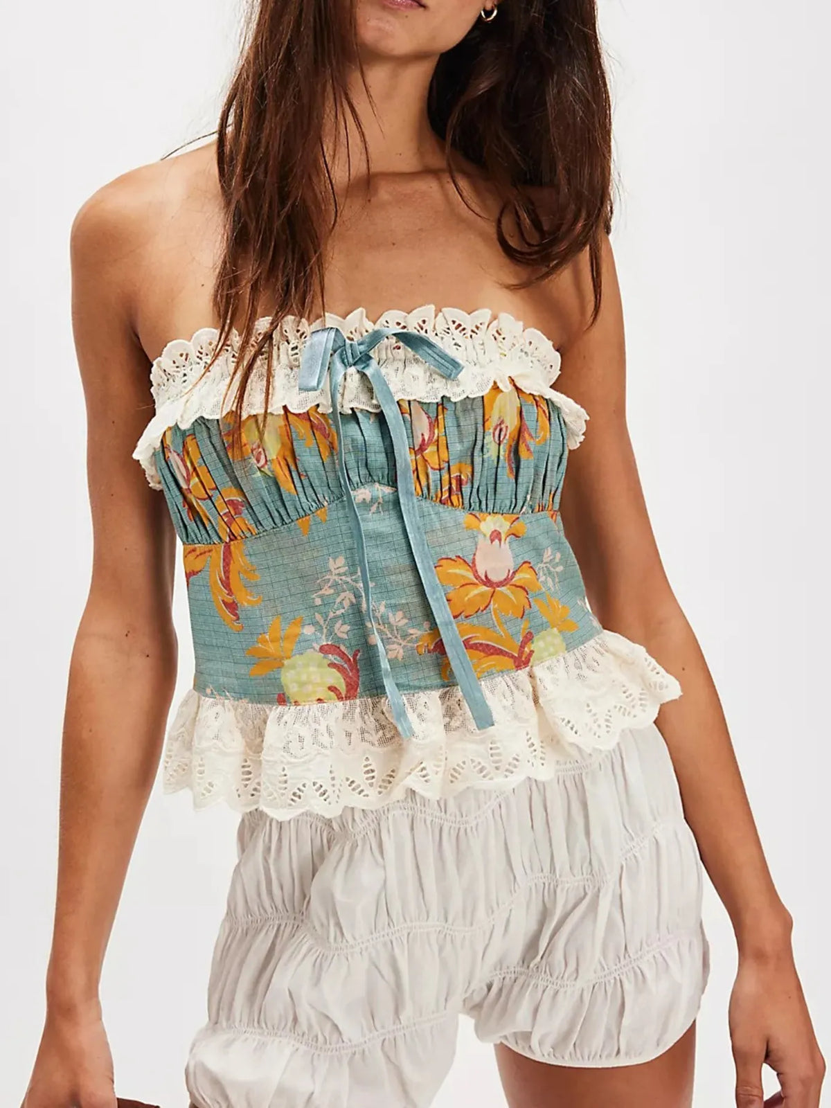 Floral Print Lace Trim Tube Top — women's top Australia