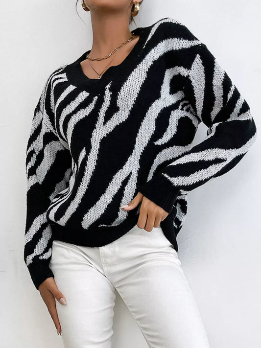 Women's Zebra Print Relaxed Fit Pullover Sweater — women's knitwear Australia