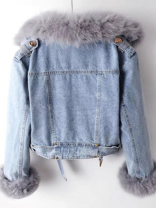 Full Size Faux Fur Collar Denim Jacket Plus Size — women's jacket Australia