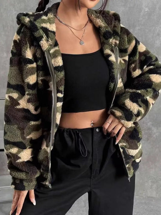 Camo Print Fuzzy Zip Up Outerwear — women's outerwear Australia