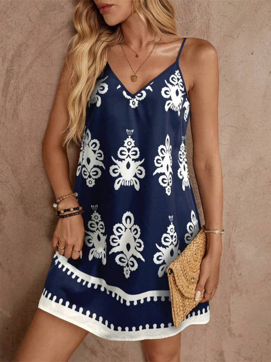 Printed V-Neck Sleeveless Mini Dress — women's casual dress Australia