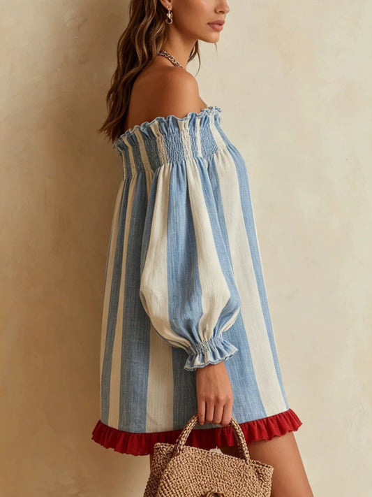 Off-Shoulder Striped Ruffle Hem Mini Dress — women's mini dress Australia