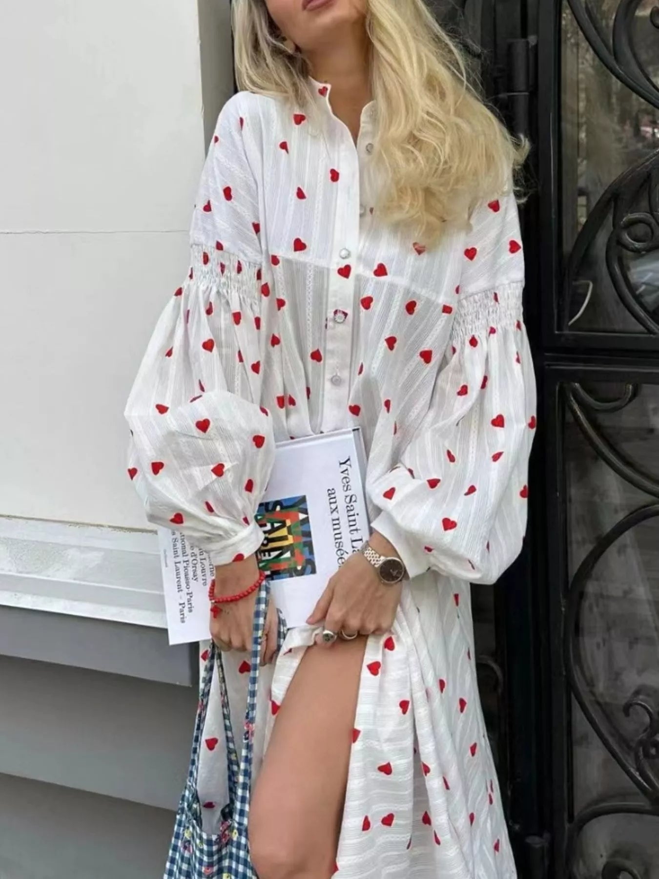 Women's Heart Print Maxi Dress with Puff Sleeves — Chic and Unique AU