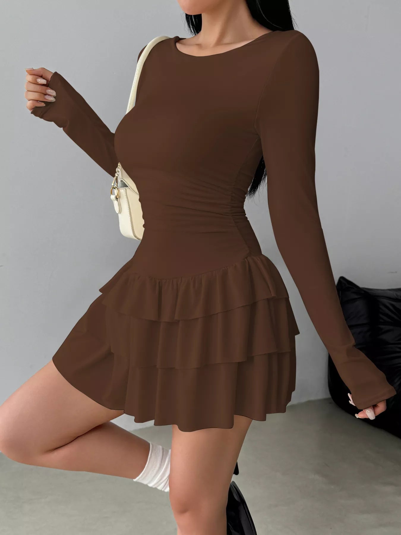 Women's Ruched Long Sleeve Layered Ruffle Mini Dress — Chic and Unique AU