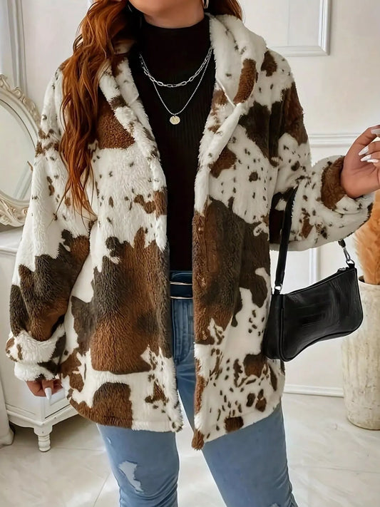 Cow Print Plush Hooded Outerwear — women's outerwear Australia