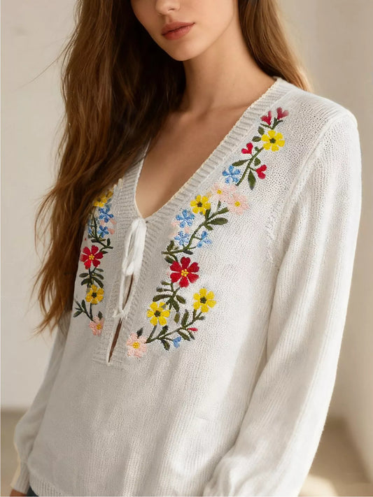 Women's Floral Embroidered V-Neck Sweater — women's knit sweater Australia