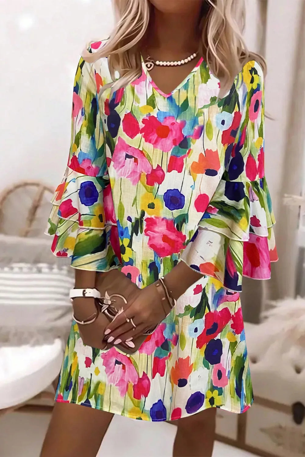 Women's V-Neck Ruffle Sleeve Floral Print Mini Dress — Chic and Unique AU