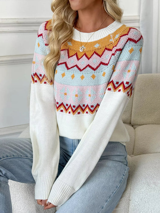 Women's Geometric Round Neck Long Sleeve Sweater — women's knit sweater Australia