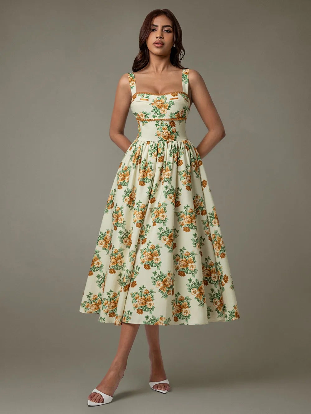 Women's Lace Trim Floral Sleeveless Midi Dress — Chic and Unique AU
