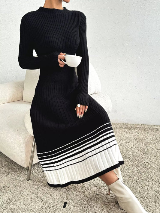 Women's Ribbed Knit Sweater Dress with Striped Hem — women's knit sweater dress Australia