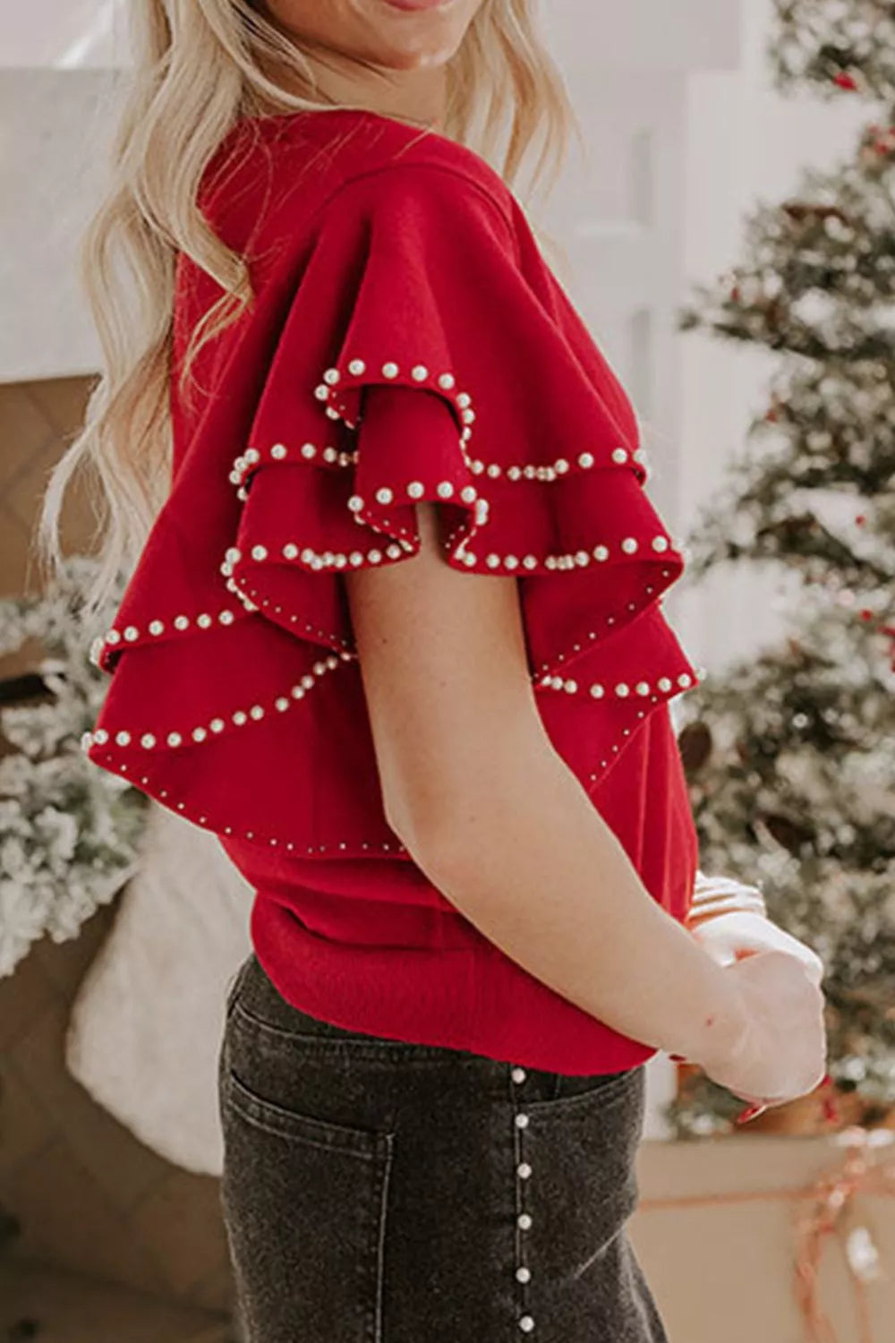 Women's Ruffle Sleeve Pearl Embellished Knit Top — women's knit top Australia