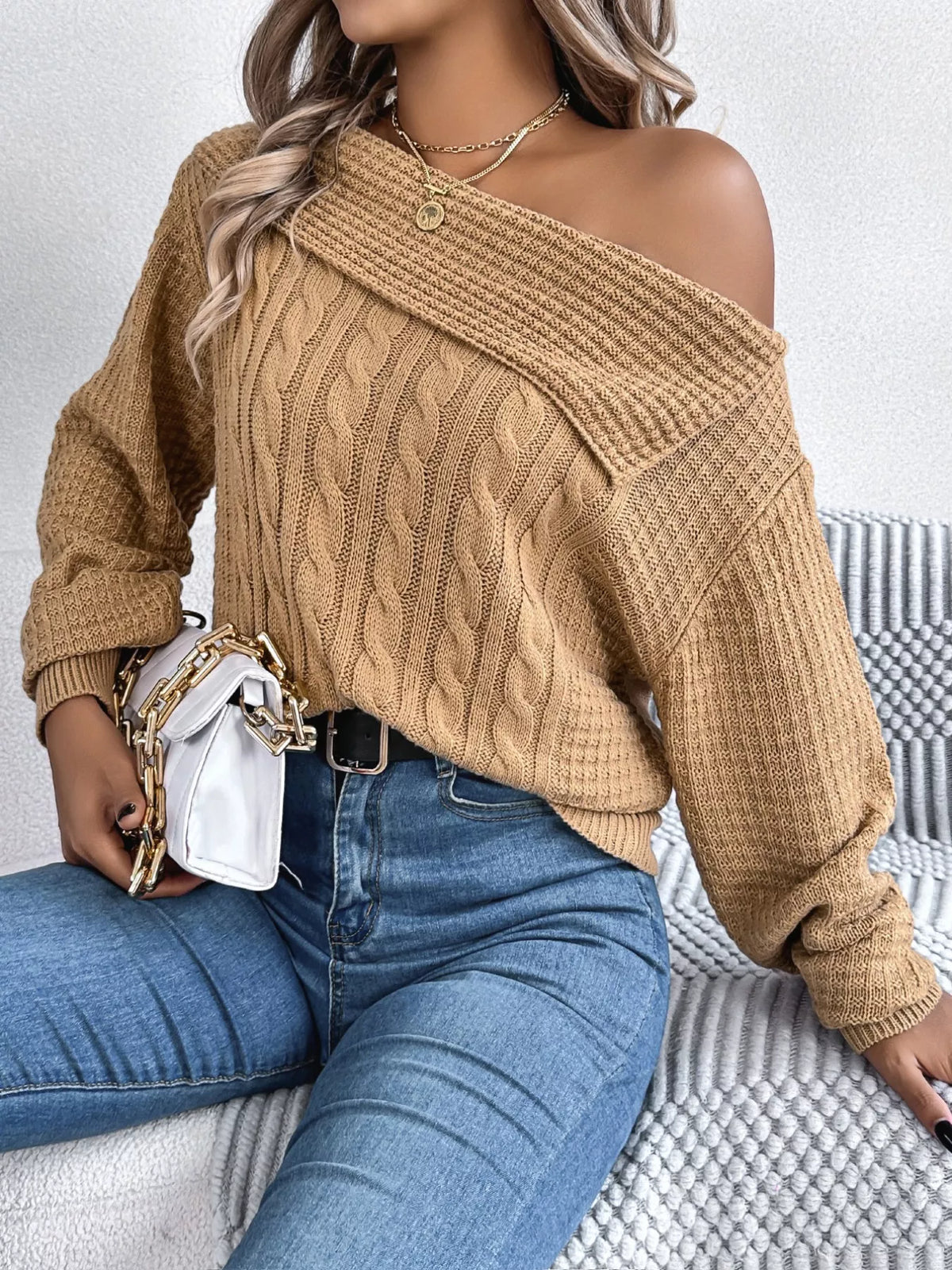 Women's Off-Shoulder Cable Knit Sweater — women's knit sweater Australia
