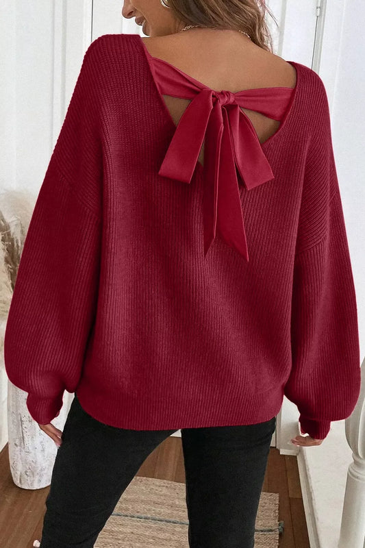 Women's Ribbed Knit Ribbon Knot Backless Drop Shoulder Sweater — women's knitwear Australia